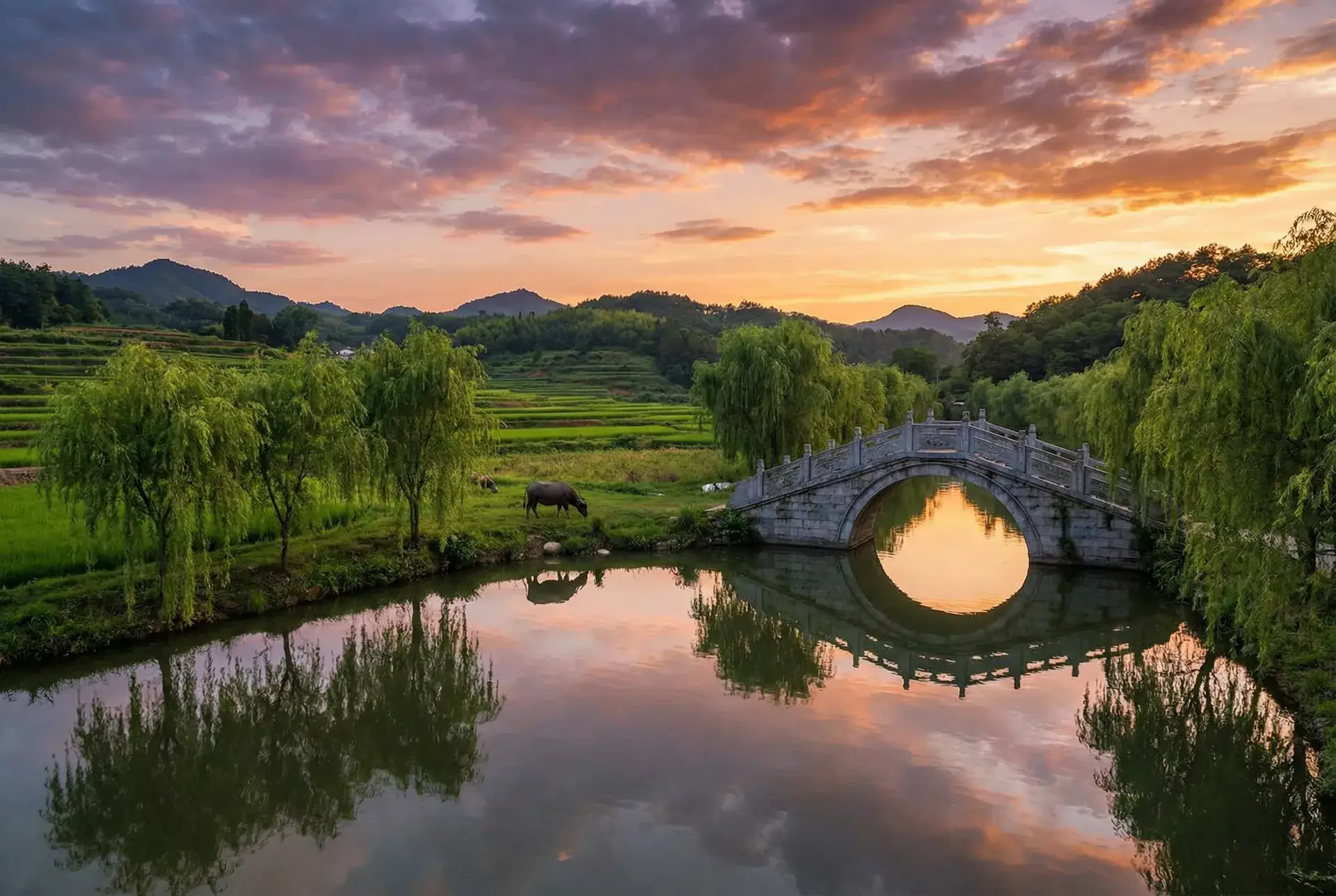 夕阳下的石拱桥与垂柳，水牛在河边吃草 - 极品嫩妇20p 乡村美景